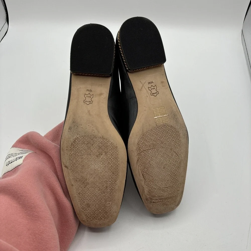 Tory Burch Ruby Loafers Women's 10 M Black Leather Chain Heel Embossed Logo
